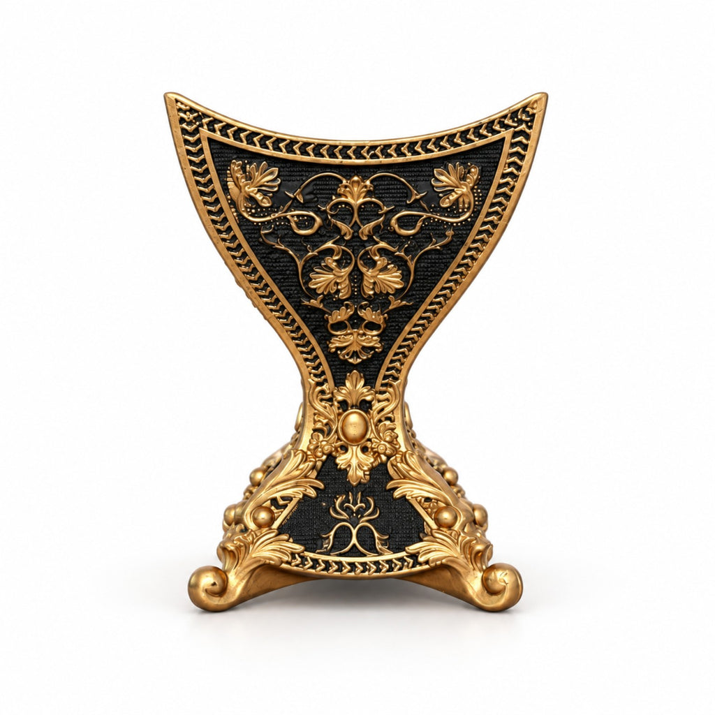 Heritage ceramic incense burner in Black & Gold, side view of floral gold detailing