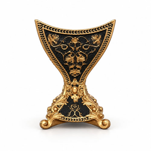 Heritage ceramic incense burner in Black & Gold, side view of floral gold detailing