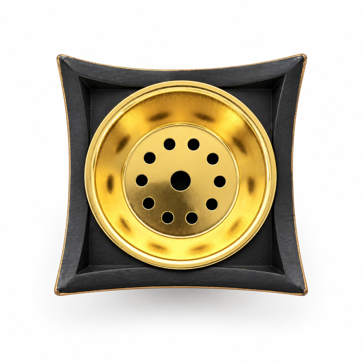Heritage ceramic incense burner in Black & Gold, top view of perforated metal bowl