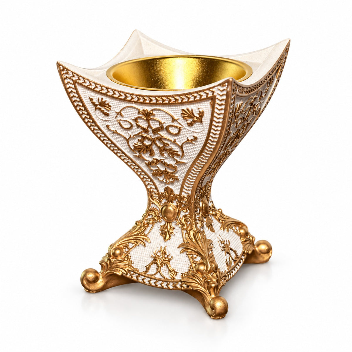 Heritage ceramic incense burner in White & Gold, angled view with removable metal bowl