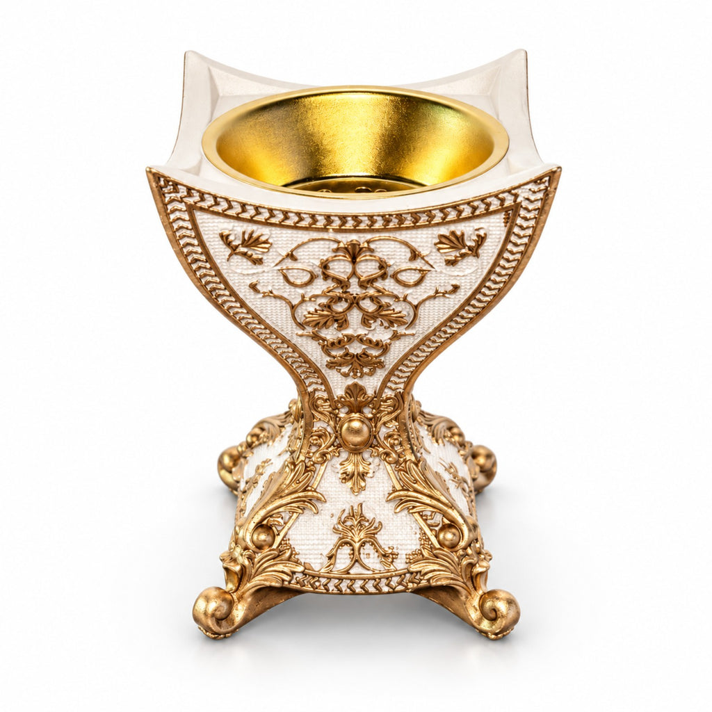 Heritage ceramic incense burner in White & Gold, front view with removable metal bowl