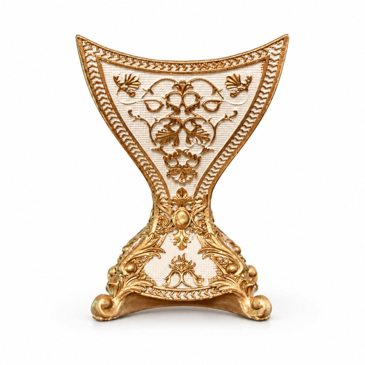 Heritage ceramic incense burner in White & Gold, side view of floral gold detailing