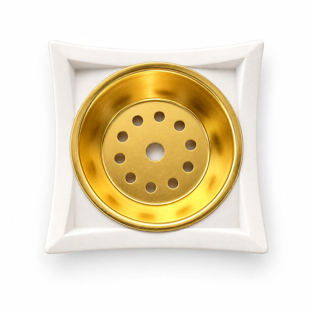 Heritage ceramic incense burner in White & Gold, top view of perforated metal bowl