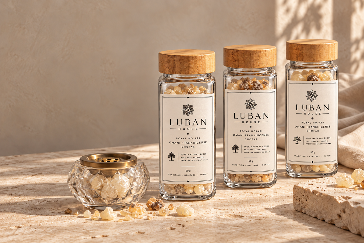 Luban House frankincense jar with full ivory bordered floral-logo label