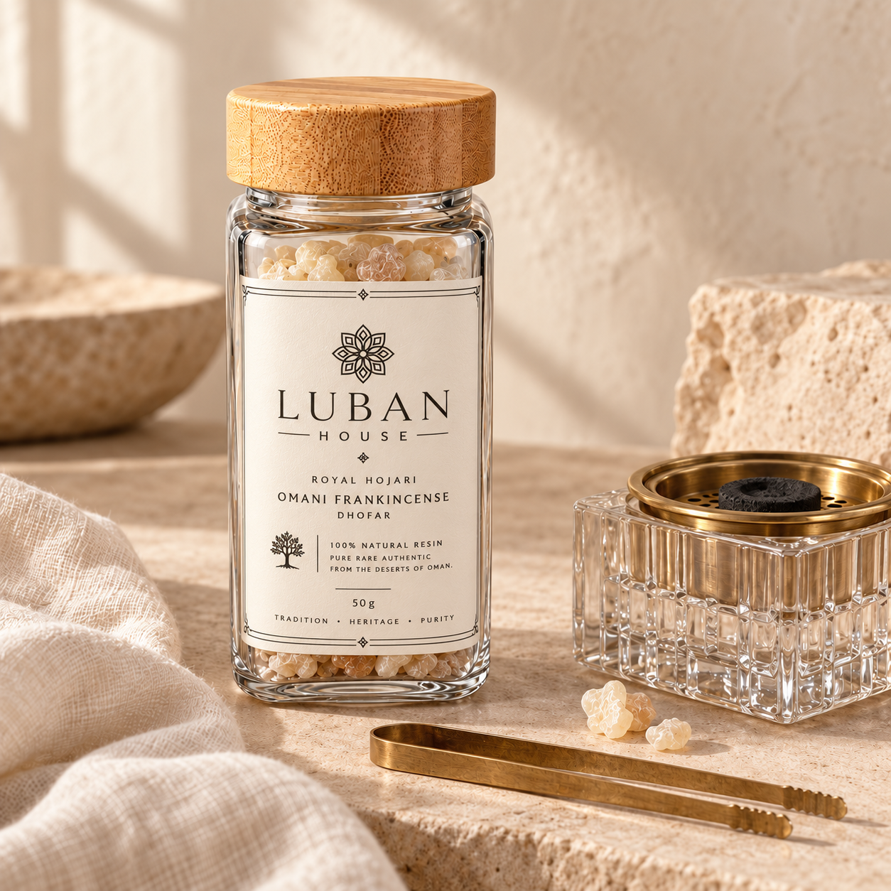 Luban House frankincense jar with full ivory bordered floral-logo label