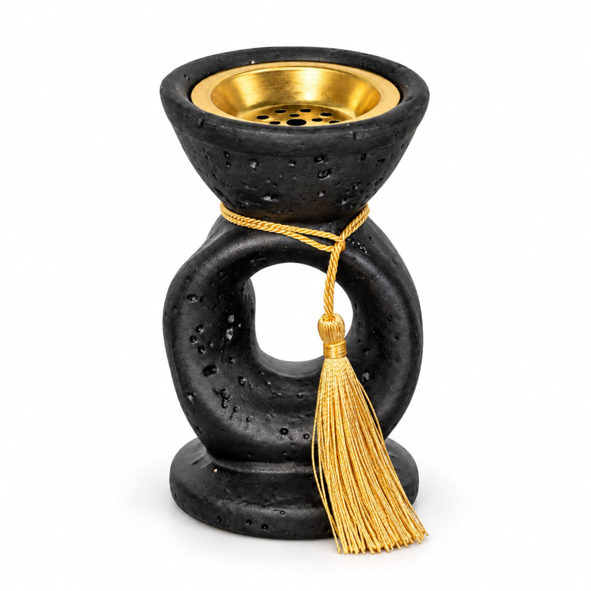 Noir Tassel incense burner in matte black with gold tassel and removable metal bowl, front view