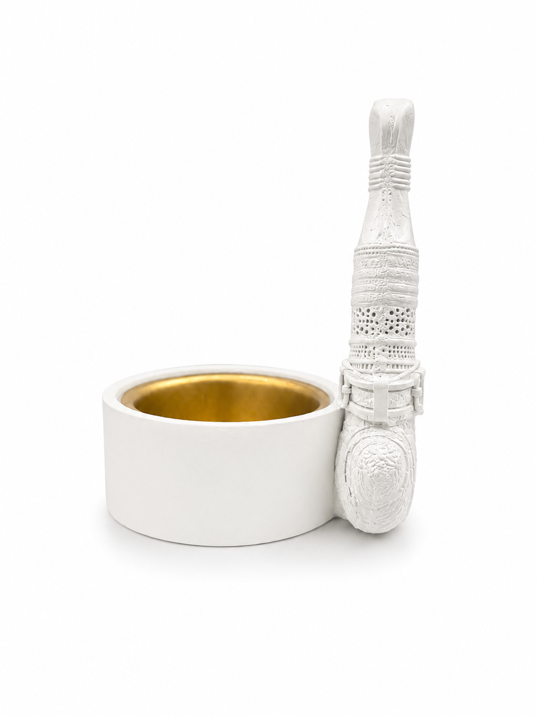 White ceramic Omani khanjar incense burner with gold-toned holder