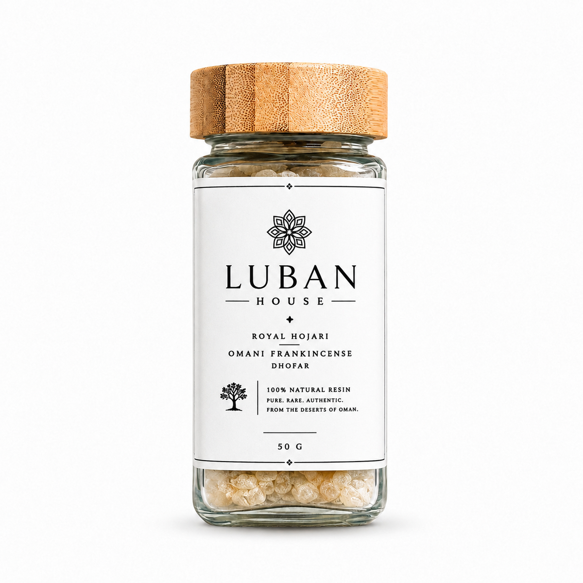 Luban House Royal Hojari 50 g jar with white product label and bamboo lid
